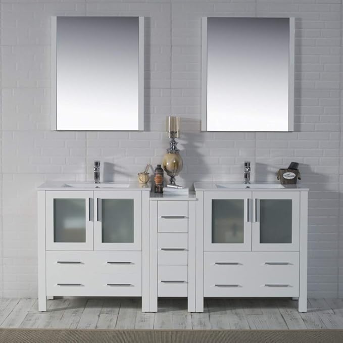 Blossom 72" Solid Wood Double Sink Bathroom Vanity with Side Cabinet | Glossy White Master Bath Furniture | Anti-Warp Painted Finish, Soft-Close Full Extension Drawers & Tempered Glass Modern Style