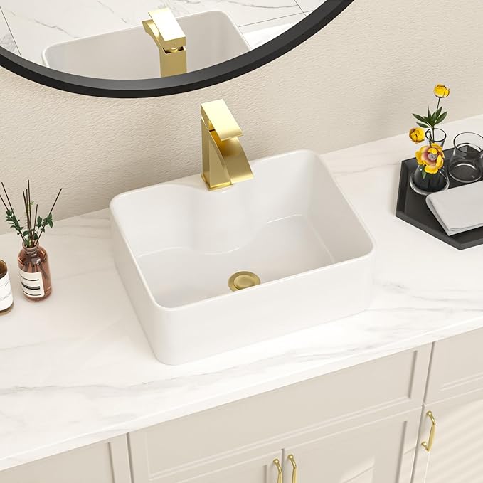 Bathroom Vessel Sink 16" x 12" Rectangle Vessel Sink With Gold Faucet And Gold Drain Combo Bowl Sink Bathroom Sinks Countertop Rectangular White Farmhouse Lavatory Vanity Sink Basin