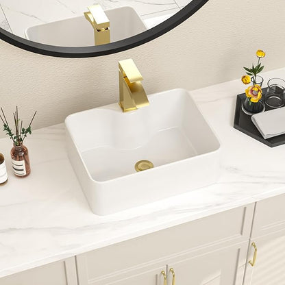 Bathroom Vessel Sink 16" x 12" Rectangle Vessel Sink With Gold Faucet And Gold Drain Combo Bowl Sink Bathroom Sinks Countertop Rectangular White Farmhouse Lavatory Vanity Sink Basin