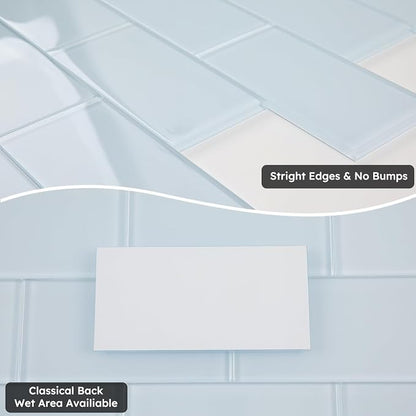 Light Blue Glass Subway Tile, 3x6 Inch, 4 Sq.Ft, Glass Backsplash Tile for Kitchen Shower Bathroom Wall, Pack-32 Pcs
