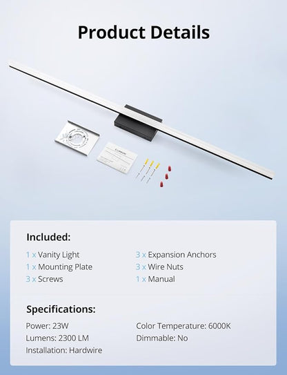 Combuh 48Inch Bathroom Vanity Light Fixtures Extra Long Lighting Bar Above Mirror, Modern Black Bright 23W 2300LM Wider Coverage Slim Sleek IP44 Rustproof LED Bath Wall Sconce for Makeup Cool White