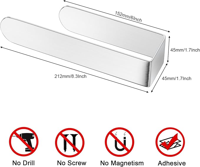 HUFEEOH Hand Towel Holder, Silver Hand Towel Bar, Self Adhesive Bathroom Towel Bar Stick on Wall, Stainless Steel Brushed