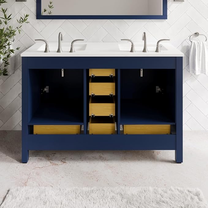 Eviva Aberdeen 48 Inch Bath Vanity with Sink Blue Bathroom Vanity with Carrara Quartz Top Freestanding Double Sink Bath vanities with Spacious Storage -Bathroom Sink Cabinet and top Combo