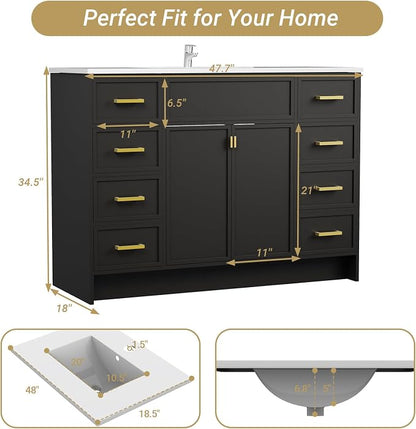 48 Inch Freestanding Bathroom Vanity with Sink, Shaker Style Black Cabinet with 8 Drawers & Double Doors, Waterproof Lacquer Finish, Maximum Multi-Drawer Storage for Master Bathroom