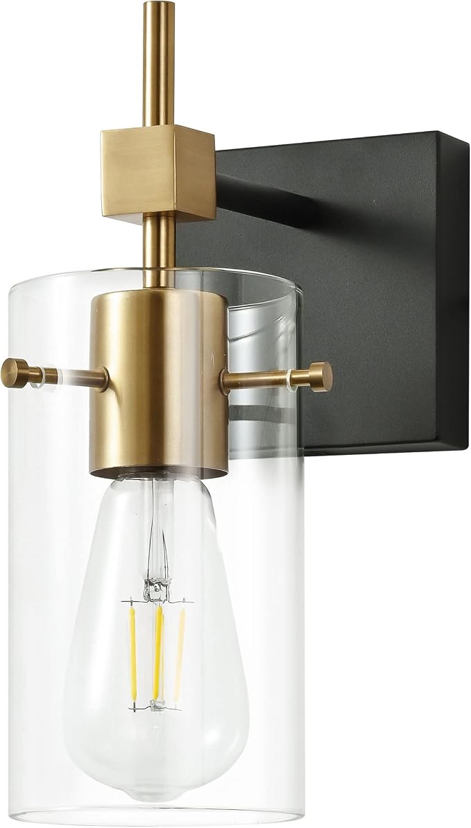 SOLFART 1 Light Vintage Vanity Light Bathroom Light Fixture Over Mirror for Bath Glass Shade Wall Light Black and Brass Lighting Fixture