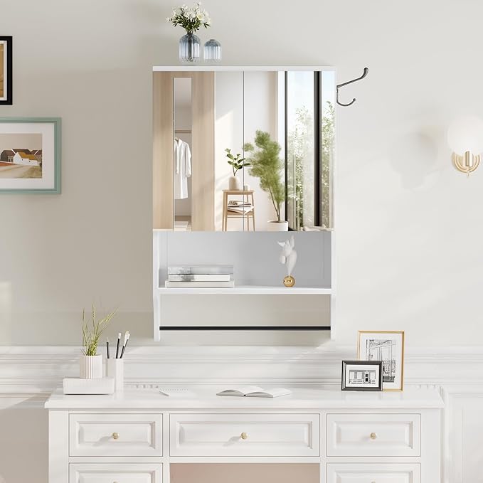 Bathroom Wall Cabinet with Mirror, Medicine Cabinet with 2 Door and Adjustable Shelf, Wall Mounted Over The Toilet Storage Cabinet for Bathroom Laundry Room Kitchen, 18.9"W x 26.2"H, White