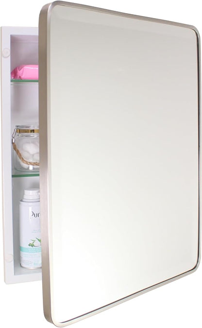 16x20 Austin Farmhouse Metal Framed Rounded Rectangle Recessed Bathroom Medicine Cabinet, Beveled Mirror, 14x18 in-Wall Opening, powder-coated Steel, Glass Shelves, Magnet Close, Brushed Nickel