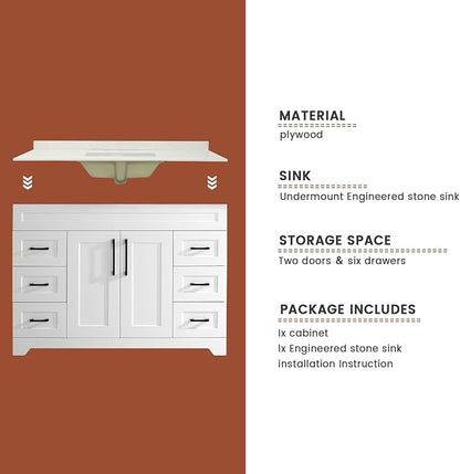48" Luxurious Bathroom Vanity with White Stone Countertop and Rectangle Sink and Back Splash,2 Soft Closing Doors & 6 Full Extension Drawers (Without Faucet、Pop Up Drain &Mirror)