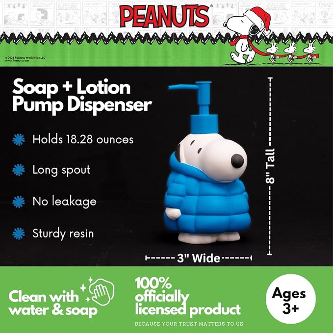 Peanuts Snoopy Puffer Coat Holiday Christmas Soap/Lotion/Hand Sanitizer Resin Pump Dispenser, 17.24 Ounces, (Officially Licensed Product) by Franco