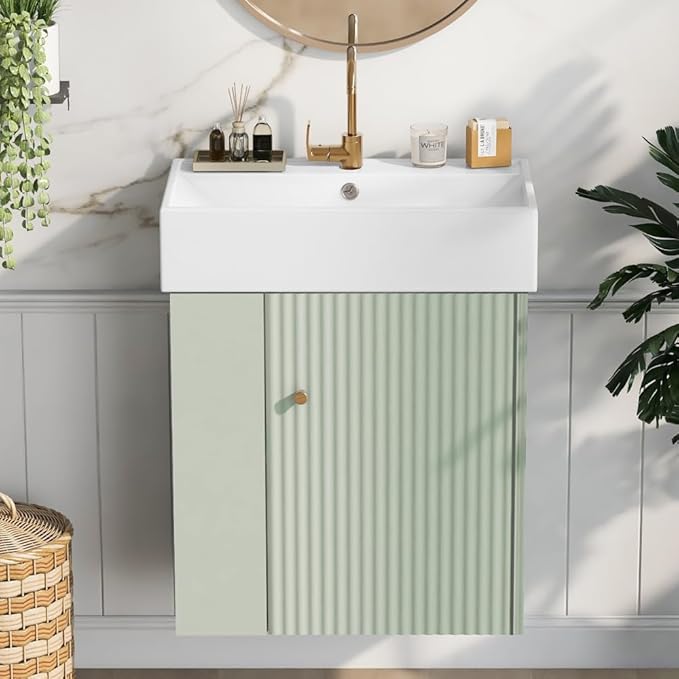 22" Small Bathroom Vanity with Sink, Floating Vanity for Bathrooms with Soft-Close Door and Open Shelf, Wall Mounted Narrow Bathroom Vanities for Compact Bathrooms (Green,22" Floating Left Shelf)