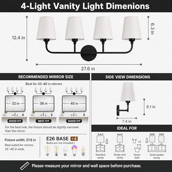 Bathroom Vanity Light, Matte Black Bathroom Lighting Fixtures Over Mirror | 4-Light Bathroom Light Fixtures with Flared White Fabric Shade, E26 Socket (ETL Listed)