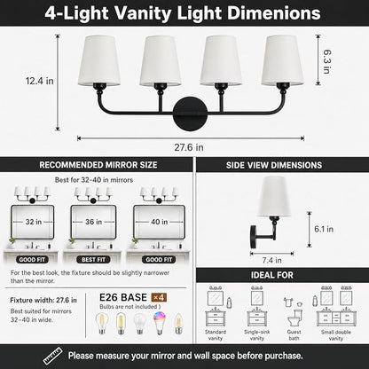 Bathroom Vanity Light, Matte Black Bathroom Lighting Fixtures Over Mirror | 4-Light Bathroom Light Fixtures with Flared White Fabric Shade, E26 Socket (ETL Listed)