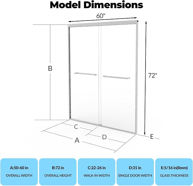Aluminum Alloy Sliding Shower Door, Adjustable 50"-60" W x 72" H, Dual 8mm (5/16") Tempered Glass with Coating, Brushed Anodized Aluminum Frame & Brushed Nickel Square Track