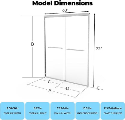 Aluminum Alloy Sliding Shower Door, Adjustable 50"-60" W x 72" H, Dual 8mm (5/16") Tempered Glass with Coating, Brushed Anodized Aluminum Frame & Brushed Nickel Square Track
