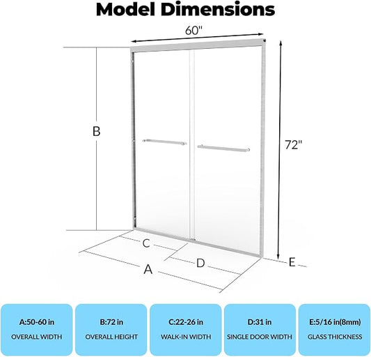 Aluminum Alloy Sliding Shower Door, Adjustable 50"-60" W x 72" H, Dual 8mm (5/16") Tempered Glass with Coating, Brushed Anodized Aluminum Frame & Brushed Nickel Square Track