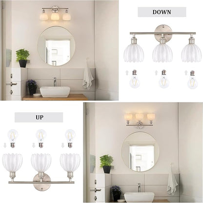 Bathroom Light Fixtures, 3-Light Vanity wall Light Over Mirror with White Tulip Glass Shade for Bedroom Living Room (Bulb Not Included), Satin Nickel