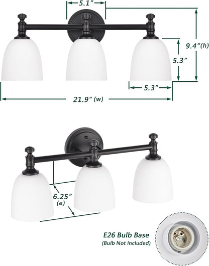 Black Bathroom Vanity Light, 3-Light Bathroom Light Fixtures Over Mirror, Traditional Vanity Lights for Living Room, Milk White Bell Glass Shades, Standard E26 Base, Matte Black