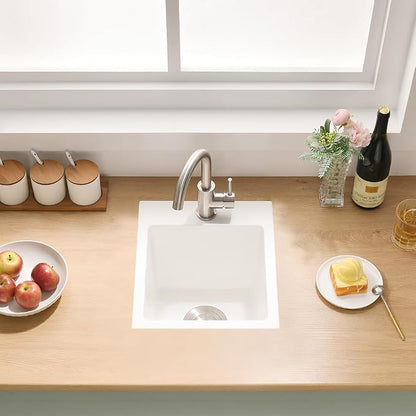 13x15 Inch Drop In Bar Sink, White Granite Composite | Small Drop In Sink RV Wet Bar Prep Sink Quartz Topmount Single Bowl Kitchen Basin with Small Rubber Squeegee