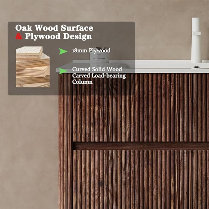 30" Floating Bathroom Vanity with Sink, Wall Mounted Modern Bathroom Cabinet with 2 Soft Close Drawers, Oak & Plywood, Pre-Assembled with Integrated Ceramic Basin – Bruges, Retro Walnut
