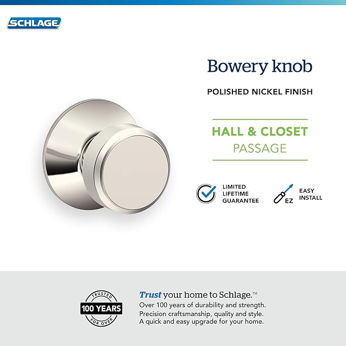 SCHLAGE F10 BWE 618 Bowery Knob Hall and Closet, Polished Nickel