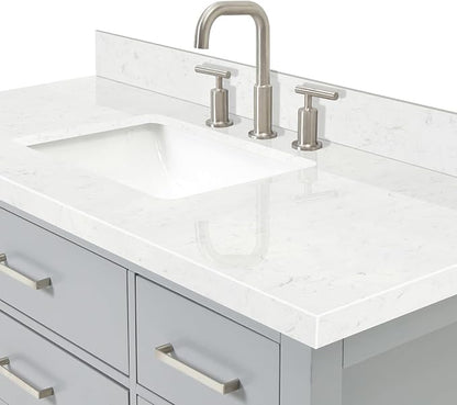 Alenza 48" Grey Bathroom Vanity with Sink, 1.5" Carrara Quartz Countertop, Single Rectangular Undermount Sink, 2 Soft-Closing Doors, 5 Full Extension Dovetail Drawers