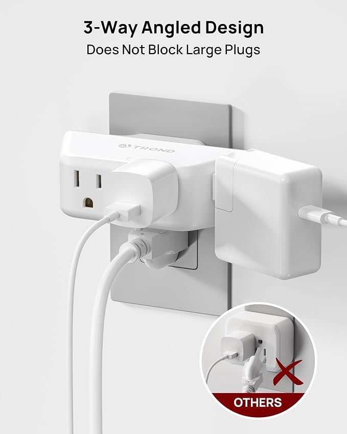 TROND Outlet Extender with 360 Rotating Plug, Outlet Splitter with 4 Grounded Sockets, 3 Way Angled Plug Adapter, 900J Surge Protection, Electrical Wall Expander for Bathroom Kitchen Office, White