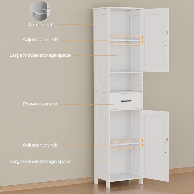 Homhedy 67" H Tall Bathroom Storage Cabinet with Barn Doors and Drawer | Narrow Storage Unit with Adjustable Shelves, Floor Cabinet for Bathroom, Living Room, Entryway or Kitchen, White, 15.7" W