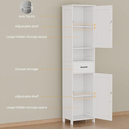 Homhedy 67" H Tall Bathroom Storage Cabinet with Barn Doors and Drawer | Narrow Storage Unit with Adjustable Shelves, Floor Cabinet for Bathroom, Living Room, Entryway or Kitchen, White, 15.7" W