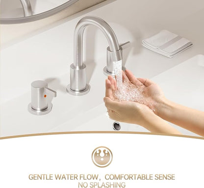 Phiestina 3 Hole 8 Inch 2 Handle Widespread Bathroom Faucet with Metal Pop-Up Drain, Brushed Nickel, WF015-1-BN