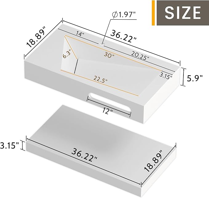 QJ&XY Resin Bathroom Sink 36" Wall Mounted V-Shaped White Basin with Towel Rack, Floating Vanity Sink in Soft-Touch Finish (Double Tier)
