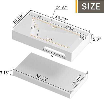 QJ&XY Resin Bathroom Sink 36" Wall Mounted V-Shaped White Basin with Towel Rack, Floating Vanity Sink in Soft-Touch Finish (Double Tier)