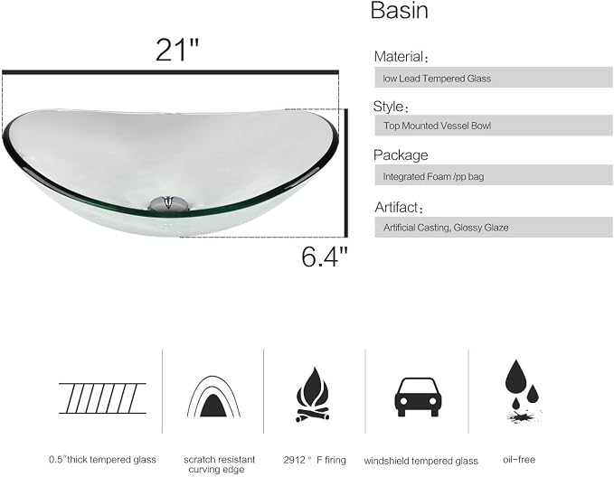 YOURLITE 24 Inches Traditional Bathroom Vanity Set with Single Faucet Hole, Clear Boat Glass Sink, White Finish, 2-Door Cabinet