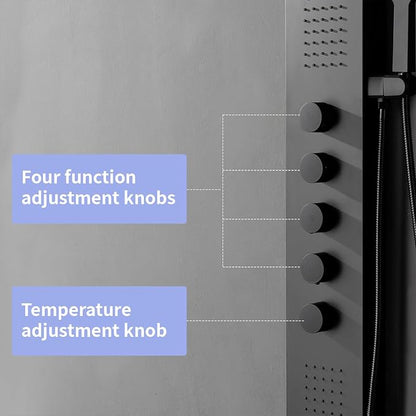 BWE Black Shower Tower Multifunction Shower Panel System | Stainless Steel Panel with Handheld Wand Rainfall Shower Head Wall Mount Shower Column