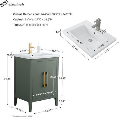 HomeBeyond 24 Inch Bathroom Vanity with Sink & Ceramic Top, Single Vanity Cabinet with Basin, Soft-Closing Doors & Matte Black Hardware, Vintage Green