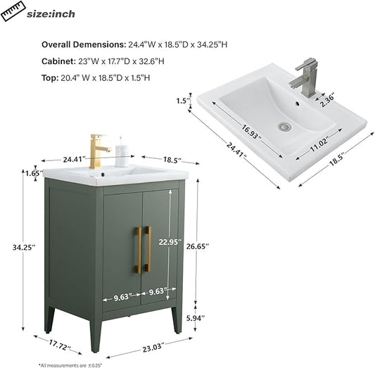 HomeBeyond 24 Inch Bathroom Vanity with Sink & Ceramic Top, Single Vanity Cabinet with Basin, Soft-Closing Doors & Matte Black Hardware, Vintage Green