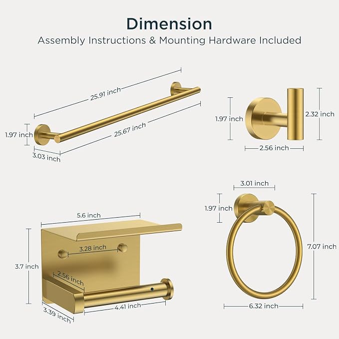 FORIOUS Bathroom Accessories, 5-Piece Bathroom Hardware Set - 24" Towel Bar | Brushed Gold | Towel Hooks, Towel Racks for Bathroom, Toilet Paper Holder With Shelf & Towel Ring | SUS304 Stainless Steel