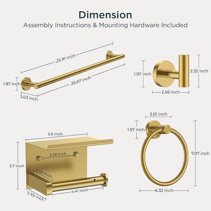 FORIOUS Bathroom Accessories, 5-Piece Bathroom Hardware Set - 24" Towel Bar | Brushed Gold | Towel Hooks, Towel Racks for Bathroom, Toilet Paper Holder With Shelf & Towel Ring | SUS304 Stainless Steel