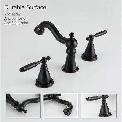 RKF Bathroom Faucets for Sink 3 Oil Rubber Bronze Hole 8 inch Widespread Bathroom Sink Faucet with Drain Double Lever Handle Faucet Bathroom Vanity Faucet Basin Mixer Tap WF013-ORB