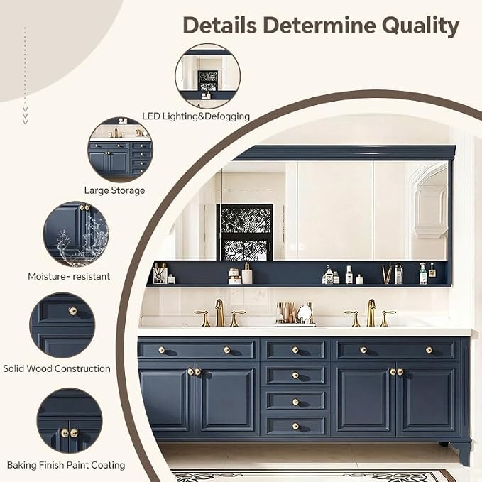 48-92IN Single/Double Sink Bathroom Vanity, Defogging Smart Mirror, Modern American Free Standing Vanity with Bathroom Cabinet