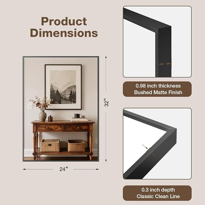 MZON 24" x 32" Matte Black Bathroom Vanity Mirror, Mirror for Over Sink | Aluminum Alloy Frame, Clear Reflection, Rust-Resistant, Vertical or Horizontal, Wall Mount, Bedroom and Entryway