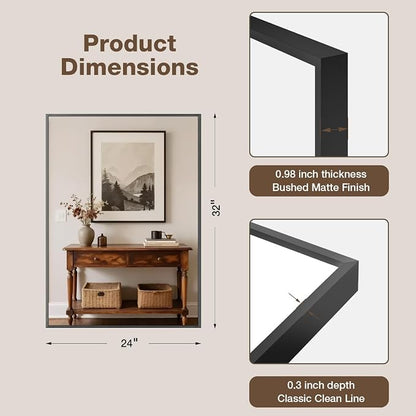 MZON 24" x 32" Matte Black Bathroom Vanity Mirror, Mirror for Over Sink | Aluminum Alloy Frame, Clear Reflection, Rust-Resistant, Vertical or Horizontal, Wall Mount, Bedroom and Entryway
