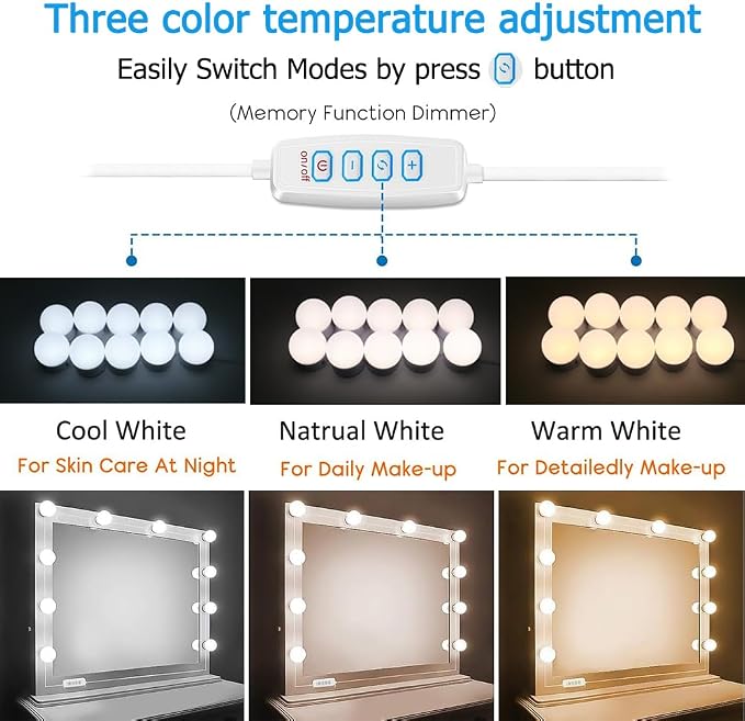 LED Vanity Lights for Mirror, Hollywood Style Vanity Lights with 10 Dimmable Bulbs, Adjustable Color & Brightness, USB Cable, Mirror Lights Stick on for Makeup Table Dressing Room (10 Lights)