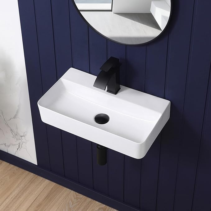 Wall Mount Bathroom Sink 21"x12" Small Vessel Sink Wall Mounted Rectangular Wall Hung Mini White Porcelain Ceramic Floating Tiny Sink,Easy Install, Durable, Space-Saving, Ideal for Home,RV
