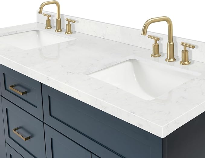 DKB Bradford 72 Inch Bathroom Vanity Double Sink — Midnight Blue Bathroom Vanity with Sink, 1.5" Edge Carrara White Countertop & Backsplash, 4 Soft-Close Doors, and 3 Dovetail Drawers