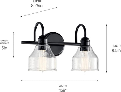 Kichler Avery 15" Bathroom Vanity Industrial 2 Light Wall Fixture with Clear Seeded Glass in Black, for Bathroom (8.25" x 15" x 9.5") 45972BK