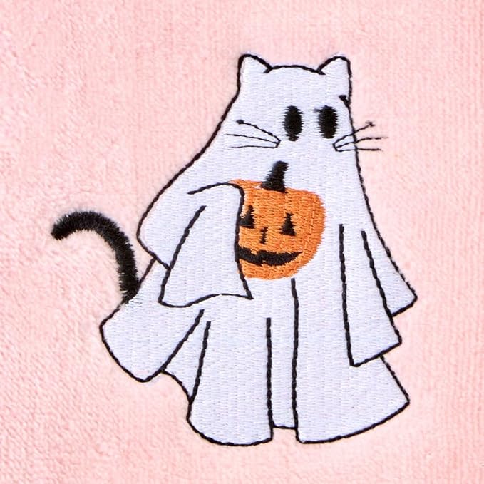 SKL Home Halloween Ghost Cat Hand Towel Set-2pc, 100% Cotton, Pink | Soft, embroidered velour. Great for the bathroom, kitchen or bar & gifting.