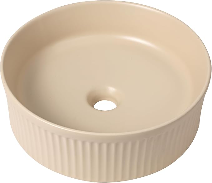 JONATHAN Y Element 14.75" Round Fluted Vessel Sink, Matte Beige | Ceramic, Above Counter Vanity Basin, 5.25" Height, 1.75" Drain Hole, Stain Resistant Glaze, Modern Minimalist Style