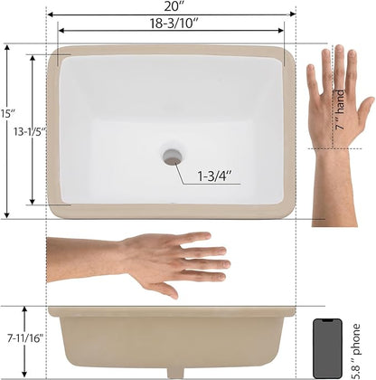 Mocoloo Undermount Bathroom Sink 20 x 15 Rectangle Porcelain White Ceramic Bathroom Sink 7 1/2 Inch Deep with Overflow Drain Lavatory Vanity Sink Under Mounted the Counter