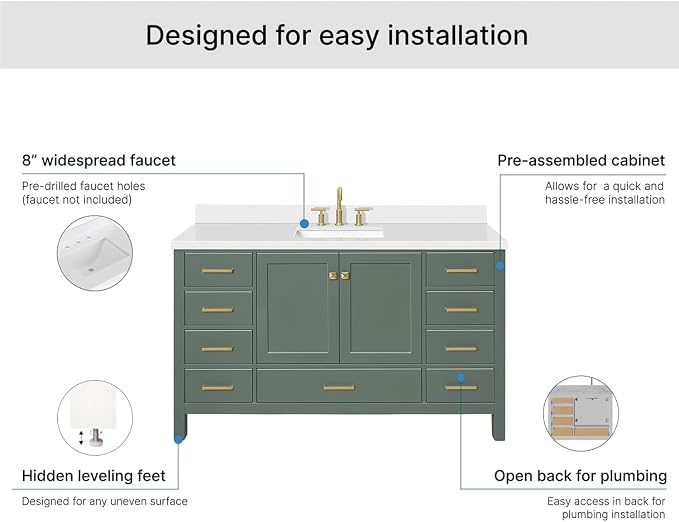 ARIEL Cambridge 60-inch Bathroom Vanity with Sink,Solid Wood, 1.5-inch Pure White Quartz Countertop, Single Rectangular Porcelain Sink, 2 Soft Closing Doors, 9 Dovetail Drawers, Vintage Green