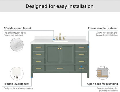 ARIEL Cambridge 60-inch Bathroom Vanity with Sink,Solid Wood, 1.5-inch Pure White Quartz Countertop, Single Rectangular Porcelain Sink, 2 Soft Closing Doors, 9 Dovetail Drawers, Vintage Green